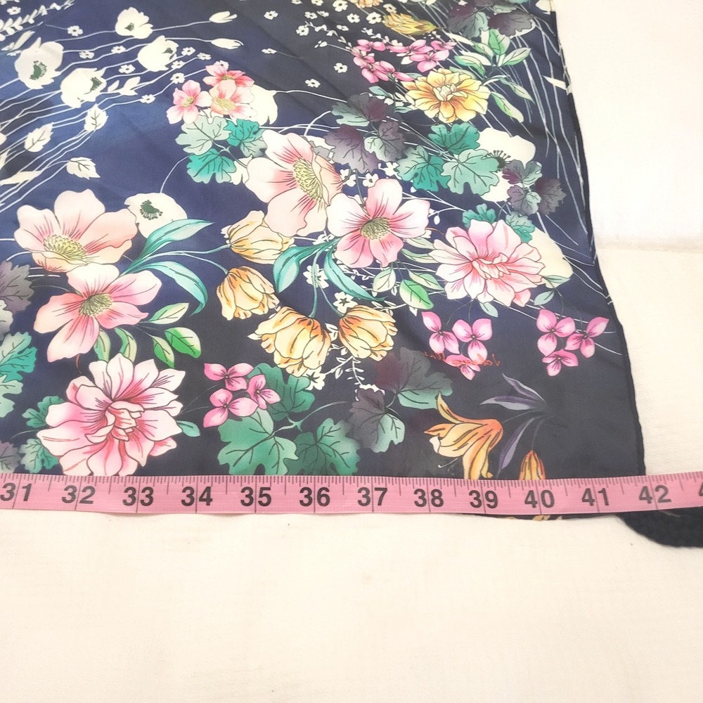 Johnny Was Bursting Scarf Navy Blue Floral 100% Silk 42" Square with Tassels - Picture 6 of 6